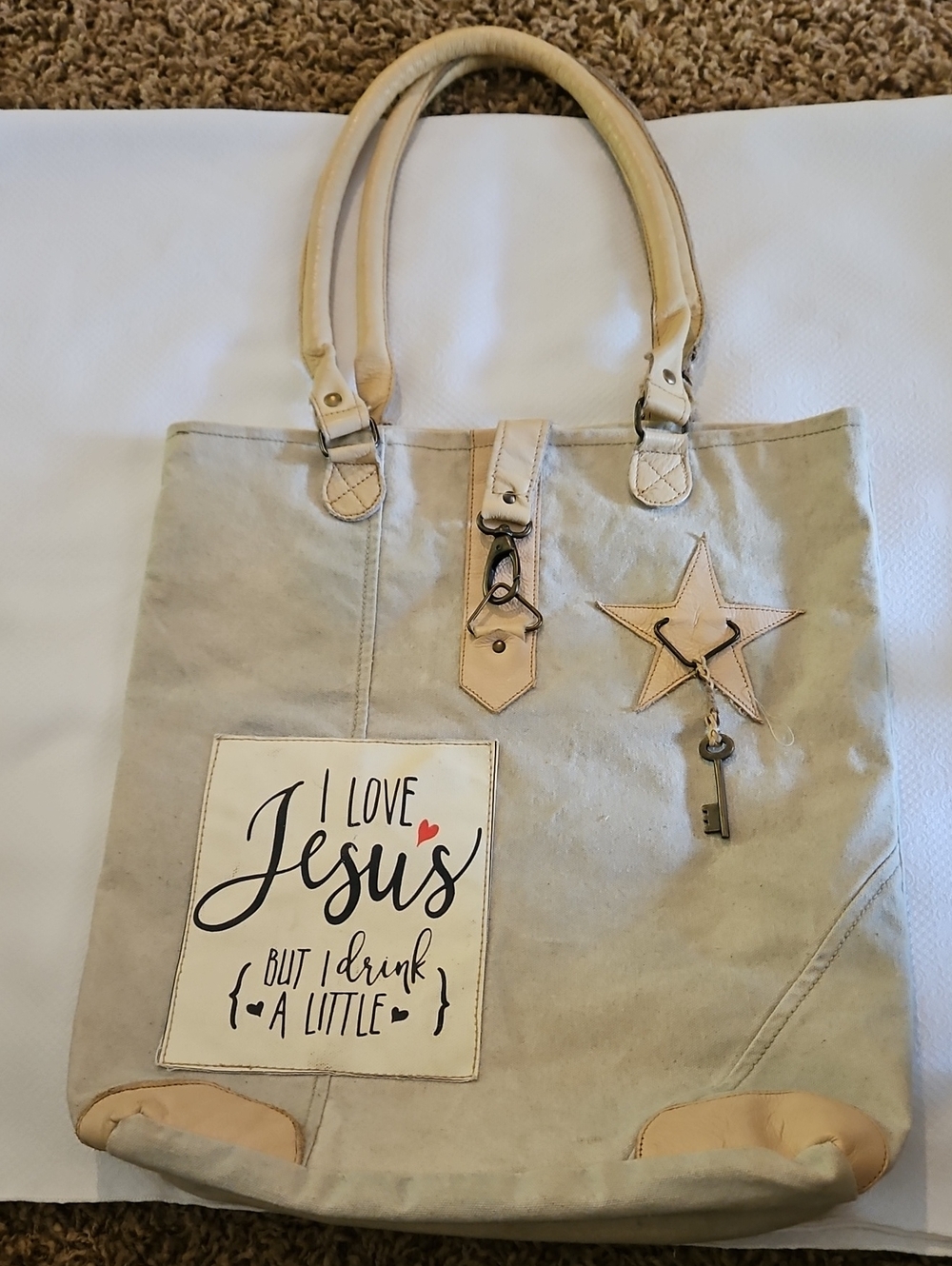 Vintage Addiction I Love Jesus Beige Canvas Tote Bag with Key Charm
